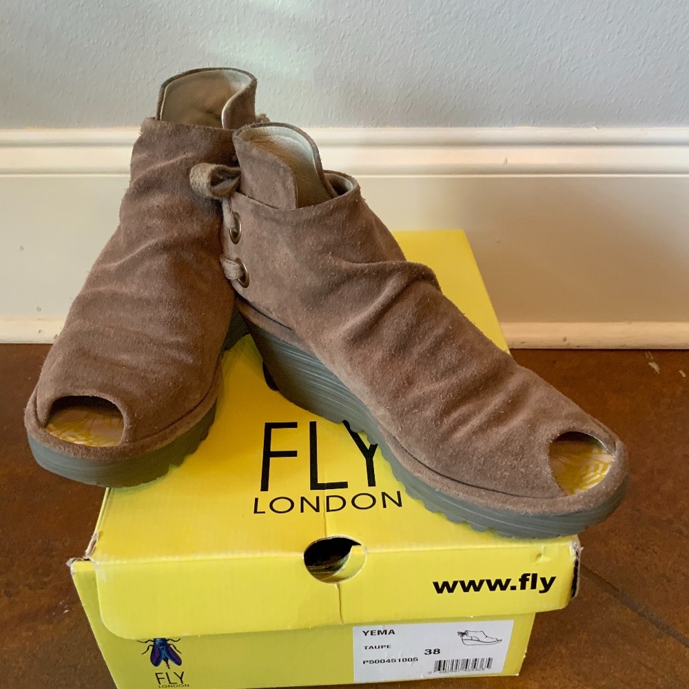Fly London YEMA Taupe Wedge booties
